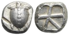 Greek ISLANDS OFF ATTICA. Aegina. Circa 470-440 BC. Stater (Silver, 18 mm, 12.33 g). Sea turtle, with head in profile, "trefoil" collar, and "T-back" pelleted design on shell; Rev. Thick skew pattern 