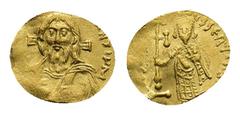 Byzantine Justinian II, first Reign, 685-695. Tremissis (Gold, 15.47 mm, 1.39 g). Constantinopolis, circa 692-695. [IhS CRIStOS RЄX RЄζNA]NTIЧM Bust of Christ Pantocrator facing, slightly three-quarte