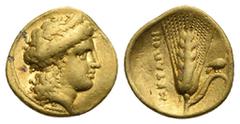 Greek LUCANIA. Metapontum. Time of Alexander the Molossian, circa 334-330 BC. Tetrobol or Third Stater (Gold, 13.40 mm, 2.61 g), Achaian standard. Head of Hera to right, wearing stephane, pendant earr