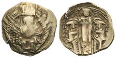 Byzantine Andronicus II Paleologus with Michael IX, 1282-1328. Hyperpyron (Electron, 22.60 mm, 3.27 g) Constantinopolis, 1294-1320. Half-length figure of the Theotokos (Virgin Mary) nimbate, standing 