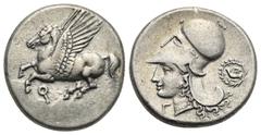 Greek CORINTHIA. Corinth. 345-307 BC. Stater (Silver 21 mm, 8.53 g). Ϙ Pegasus flying left. Rev. Head of Athena to left, wearing Corinthian helmet; behind, dove flying left within wreath; below chin, 