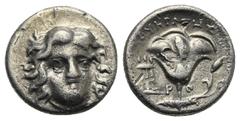 Greek ISLANDS OFF CARIA. Rhodos. Circa 230-205 BC. Drachm (Silver, 14.59 mm, 2.87 g). Rhodes, struck under the magistrate Eukrates. Head of Helios facing slightly to right. Rev. EYKPATΗΣ / P - O Rose 