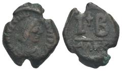 The Staffieri Collection of Alexandrian Coins, 298-618 AD. Iustinian I, 527-565. 12 Nummi (Bronze, 19.45 mm, 5.96 g) Alexandria, circa 527-565. DN IVSTINI ANVS PP AVC Bust of Iustinianus right, wearin