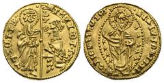 CROCIATI CRUSADERS. Anonymous Venetian Imitation of Chios(?), 1347-1566. Ducat (Gold, 21.72 mm, 3.39 g). Uncertain mint. Doge kneeling left and receiving a banner from St Peter standing right; DVX ver