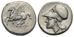 Greek CORINTHIA. Corinth. Circa 400-375 BC. Stater (Silver, 19.98 mm, 7.20 g). Pegasus flying left, koppa below. Rev. Head of Athena left, wearing Corinthian helmet. Ravel 585. Calciati 149. BCD Corin