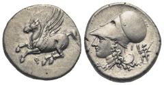 Greek CORINTHIA. Corinth. Circa 345-307 BC. Stater (Silver, 21.00 mm, 8.58 g). Pegasos flying to left; below, Ϙ. Rev. Head of Athena to left, wearing Corinthian helmet; below chin, Δ; behind neck guar