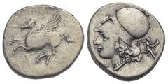 Greek CORINTHIA. Corinth. Circa 345-307 BC. Stater (Silver, 20.55 mm, 8.53 g). Pegasos flying to left, below, Ϙ. Rev. Head of Athena to left, wearing Corinthian helmet; below chin, Δ; behind neck guar