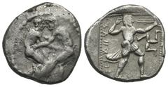 Greek PAMPHYLIA. Aspendos. Circa 420-410 BC. Stater (Silver, 23.35 mm, 10.92 g). Two nude wrestlers grappling with each-other closely, face to face, crossed arms, the one on the right grabbing the opp