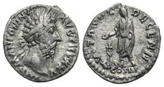 Roman Empire Marcus Aurelius, 161-180. Denarius (Silver, 17.82 mm, 3.03 g) Rome, 170-171. IMP M ANTONINVS AVG TR P XXV Laureate head of Marcus Aurelius right. Rev. VOTA SOL DECENN Marcus Aurelius toga