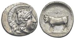 Magna Graecia Campania. Hyria. Circa 405-400 BC. Didrachm or Nomos (Silver, 22.04 mm, 6.73 g) Head of Athena right, wearing crested Attic helmet decorated with owl standing facing right on olive branc