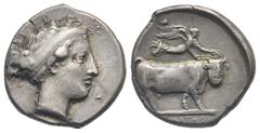 Magna Graecia Campania. Neapolis. Circa 420-400. Didrachm (Silver, 20.95 mm, 7.58 g) Head of nymph Parthenope right wearing taenia and curly hair. Rev. [ΝΕΑΠΟ]ΛΙΤΗΣ in exergue, under double ground lin