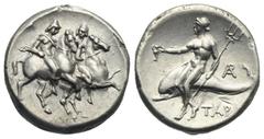 Magna Graecia Calabria. Tarentum. Circa 272-240 BC. Didrachm or Nomos (Silver, 21.09 mm, 6.44 g) struck under the magistrates Nikylos. ΝΙΚΥΛΟΣ The Dioscouri, wearing peaked helmets and cloaks, on hors