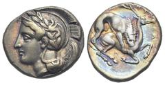 Magna Graecia Lucania. Velia. Circa 440-400 BC. Didrachm (Silver, 21.95 mm, 7.72 g) Head of Athena left, wearing long crested helmet decorated with griffin advancing left on laurel branch. Rev. [YEΛ] 