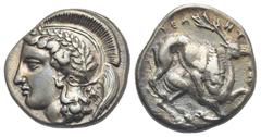 Magna Graecia Lucania. Velia. Circa 440-400 BC. Didrachm (Silver, 20.75 mm, 7.51 g) Head of Athena left, wearing long crested helmet decorated with olive branch, small owl standing left behind neckgua