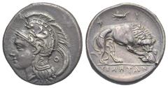 Magna Graecia Lucania. Velia. Circa 300-280 BC. Didrachm (Silver, 21.67 mm, 7.36 g) Head of Athena left, wearing crested Phrygian helmet decorated with griffin, scroll on neck guard; Θ behind neck gua