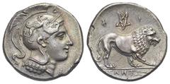 Magna Graecia Lucania. Velia. Circa 300-280 BC. Didrachm (Silver, 21.24 mm, 7.40 g) Head of Athena right, wearing Attic helmet decorated with griffin and necklace, Δ above helmet visor. Rev. [Y]EΛHΤ[Ω