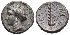 Magna Graecia Lucania. Metapontion. Circa 340-330 BC. Didrachm or Nomos (Silver, 19.98 mm, 7.66 g). Pro... magistrate. Head of Demeter left, wearing wreath of grain ears; stalks of grain around, and Σ