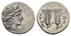 Magna Graecia Lucania. Metapontion, Punic occupation. Circa 215-207 BC. Quarter Shekel (Silver, 15.00 mm, 2.10 g). Head of Demeter right, wearing wreath of grain ears. Rev. META, two ears of grain eac