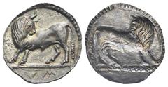 Magna Graecia Lucania. Sybaris. Circa 550-510 BC. Third Stater or Drachm (Silver, 18.67 mm, 2.45 g) Bull standing left, head turned to right, ethnic V M in exergue (retrograde and Σ inverted) under do