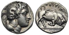 Magna Graecia Lucania. Thourioi. Circa 400-350 BC. Distater (Silver, 23.37 mm, 15.52 g) Head of Athena right, wearing crested Attic helmet decorated with Skylla right, holding trident. Rev. ΘΟΥΡΙΩΝ Bu