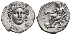 Magna Graecia Bruttium. Kroton. Circa 400-325 BC. Stater (Silver, 22.00 mm, 7.53 g). Head of Hera Lakinia facing slightly right, wearing stephane decorated with palmettes. Rev. ΚΡΟ - ΤΩΝΙ - ΑΤΑΝ, Hera