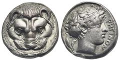 Magna Graecia Bruttium. Rhegium. Circa 415-387 BC. Tetradrachm (Silver, 23.49 mm, 16.96 g). Lion mask facing. Rev. ΡΗΓΙΝΟΝ, Laureate head of Apollo right; behind, olive branch. HN Italy 2496. Herzfeld