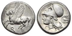 Ancient Greek World Corinthia. Corinth. Circa 375-300 BC. Stater (Silver, 20.75 mm, 8.53 g). Pegasus landing left; koppa below. Rev. Helmeted head of Athena left; behind, dove flying left within wreat