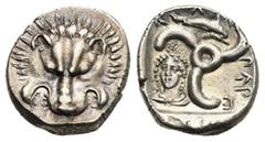 Ancient Greek World Dynasts of Lycia. Perikles. Phellos (?), circa 380-360 BC. Third Stater (Silver, 17.37 mm, 3.19 g). Lion scalp facing. Rev. 'Perikles' (in Lycian), triskeles; dolphin swimming righ