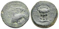 Greek SICILY. Akragas. Circa 425-410 BC. Tetras or Trionkion (Bronze, 21.28 mm, 8.78 g). [AK-PA] Eagle with open wings, standing to right on clutching hare in its talons. Rev. Crab with open claws; be