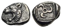 Greek Greek. Dinasts Of Lycia. Limyra. Trbbenimi. Circa 390-370. Tetrobol. (Silver, 14.12 mm, 2.83 g). Head of roaring lion left. Rev.' Trbbãnimi' in Lycian, Triskeles, all within incuse dotted square