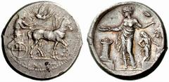 Sicily. Himera Sicily. Tetradrachm. ( Ag 17,36 g ) Circa 440-425 BC. Charioteer driving walking quadriga right, holding kentron in right hand, reins in left; Nike flying above and crowning charioteer.