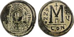 Ancient - Roman & Byzantine BYZANTINE EMPIRE: Justinian I, 527-565, AE follis (23.58g), Constantinople, year 15 (541/2 AD), SB-163, 3rd officina, helmeted and cuirassed bust facing, holding globus cru