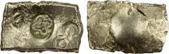 India - Ancient NARHAN: Punchmarked, ca. 500 BC, AR rectangular karshapana (6.64g), Pieper-45, cross symbol around a small square, with 3 banker's marks, including one with an elephant; uniface, VF, R