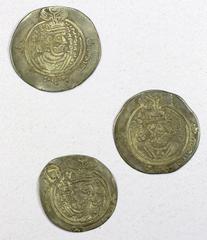 Group Lots - Islamic ARAB-SASANIAN: LOT of 3 silver drachms, Arab-Sasanian: type A-16 in the name of Abd Allah (b. al-Zubayr), DA+G mint (Jahrum), date intended to be YE53 (3.77g, F-VF), and DA mint (