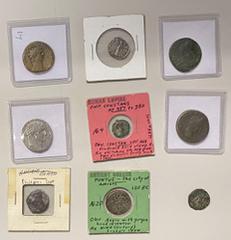 Group Lots - Ancient ANCIENT: LOT of 9 coins, including 3 Roman Imperial (Domitian as, Severus Alexander denarius, Constans AE4), 3 Roman Provincial (Nero Antioch AR tetradrachm dated RY 8 & year 110,