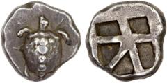 Ancient - Greek ATTICA: Aegina, AR obol (1.10g), ca. 480-457 BC, Meadows Group IIIa, Milbank Period III, sea turtle viewed from above, with head in profile and T-shaped dots on shell // large square i