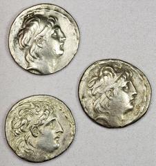 Group Lots - Ancient SELEUKID KINGDOM: Antiochus VII Euergetes (Sidetes), 138-129 BC, LOT of 3 AR tetradrachms, one VF-EF, another VF, and the other F-VF (with some surface corrosion); retail value $5