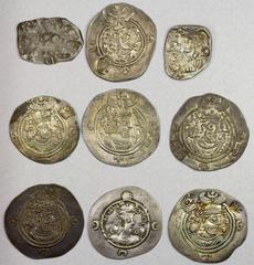 Group Lots - Ancient SASANIAN, etc.: LOT of 9 silver coins, Sasanian: including Khusro I (1 pc, ShY mint) and Khusro II (6, including four with one or two Hunnic countermarks); and Ancient India: Punc