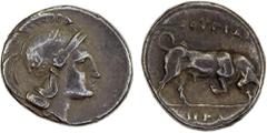 Ancient - Greek LUCANIA: Thourioi, AR triobol (0.85g), ca. 350-300 BC, HNI-1869, SNG Lloyd 500, head of Athena right, wearing crested Attic helmet // bull butting right, ΘOYPIΩN above, HPA in exergue,