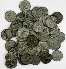 India - Ancient KUSHAN: LOT of 50 AE tetradrachms, ruler also known as Soter Megas, all examples of the standard type with radiate bust and horseman; most in F to VF conditions with glossy dark patina