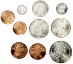 World - The Americas UNITED STATES: SET of 10 replicas, "1796", complete SET of bronze and silver Gallery Mint Museum replicas of the original 1796 U.S. coinage, including half cents (with and without