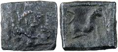 INDO-GREEK: Apollodotos I, 160-150 BC, square AE chalkous (0.78g), facing Roman style bust / horse in incuse square right, Fine to Very Fine, RRRR, ex. William F. Spengler. This coin perhaps belongs w