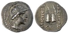 INDO-GREEK: Eukratides I, ca. 170-145 BC, AR obol (0.66g), Bop-3F, helemeted bust of king right / palms and pilei of the Dioscuri, lovely Very Fine, ex. John Page Collection.