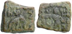 INDO-GREEK: Zoilos II, ca. 55-35 BC, AE square fraction (3.27g), Bop-9, Apollo standing right, surrounded by square of pirouettes / elephant right, nice patina, primary monogram as listed by Bopearach