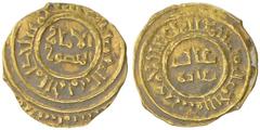 FATIMID: al-âmir al-Mansur, 1101-1130, AV ¼ dinar (0.75g), Sur, DM, A-731, Nicol—, date is perhaps AH512 or 516, cf. the text arrangement on the full dinar of Sur 512 (Nicol-2488a), VF to EF, R.