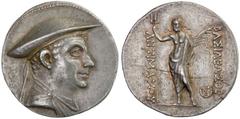 INDO-GREEK: Antimachos I, ca. 185-170 BC, AR tetradrachm (16.74g), Bop-1D, king's head right, wearing kausia / Poseidon standing, holding trisul & branch, die-break on reverse, lovely bold strike, VF 