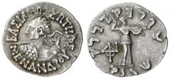 INDO-GREEK: Menander I, ca. 150-130 BC, AR drachm (2.42g), Bop-2E, bust left, viewed from behind, holding lance / Athena standing, holding aegis & thunderbolt, VF.
