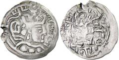 BUKHAR KHODA: Anonymous, ca. 710, AR "mug " drachm (3.00g), [Samarqand], cf Zeno-16739, derived from the Sasanian drachm of Varahran V, standard type, with triskeles countermark behind bust, totally s