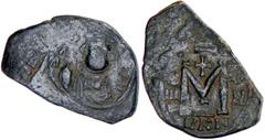 ARAB-BYZANTINE: Facing Bust, ca. 640s-650s, AE fals (5.41g), "NKN ", "year 3 ", A-3508X, facing bust, wearing chlamys, derived from early beardless or shortbeard gold solidi of Constans II / type 3 fo