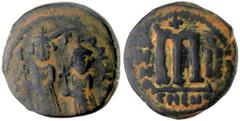 PERSIAN OCCUPATION OF SYRIA: "Heraclius & Constantine ", 610-629, AE follis (16.62g), "CHENO ", year 4, Pottier-20, same dies as Pottier-20.2, decent strike, lovely patination, cf. MIB-X30 of Heracliu